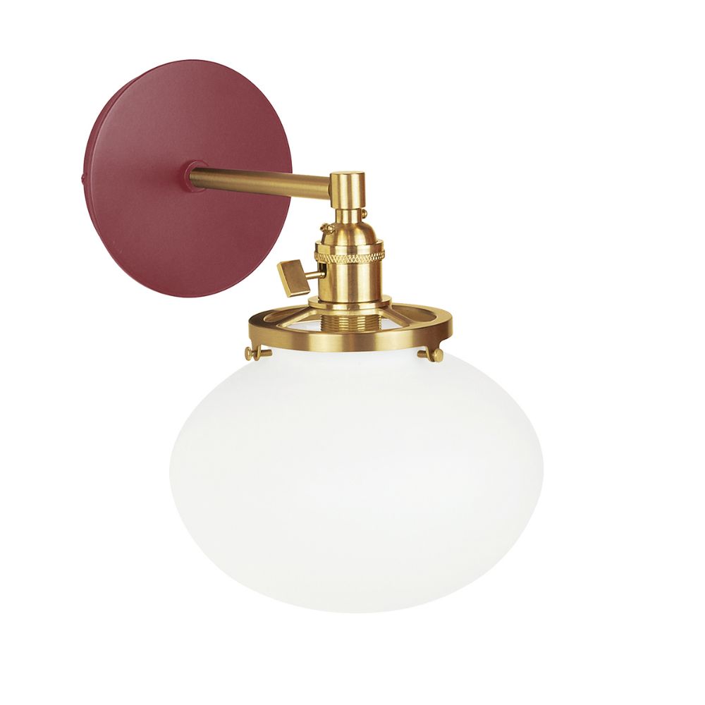 Montclair Lightworks SCM411-55-91 Uno 8" wall sconce, with acid etched glass shade,  Barn Red with Brushed Brass hardware